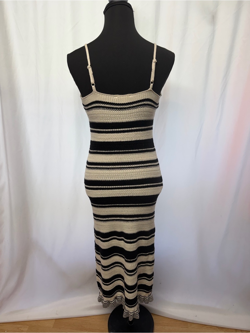 freshman 1996 Small Black Cream Crochet Stripe Knit Maxi Dress - Picture 7 of 10